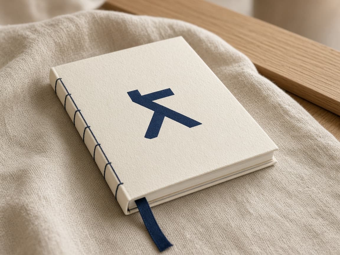 Printed guidebook on linen with a navy bookmark