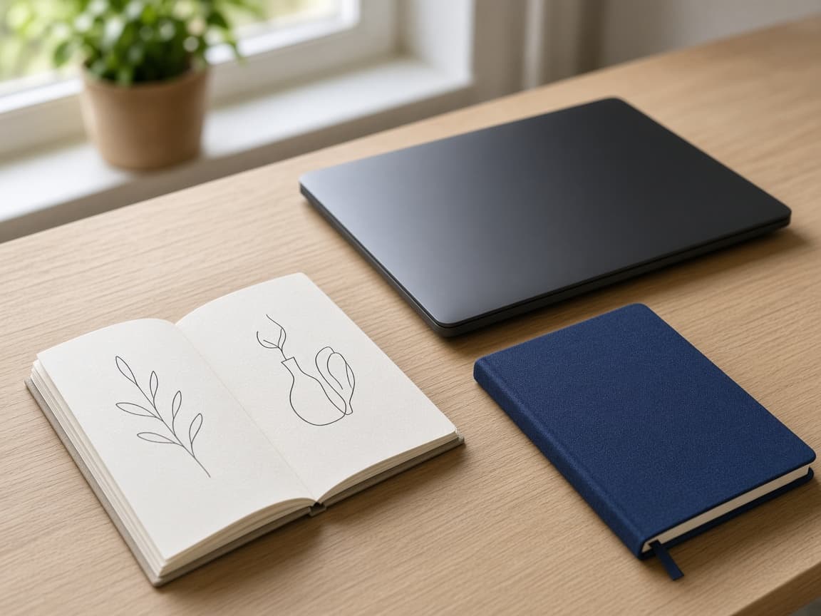 Open booklet, closed laptop, and a notebook on a wooden desk