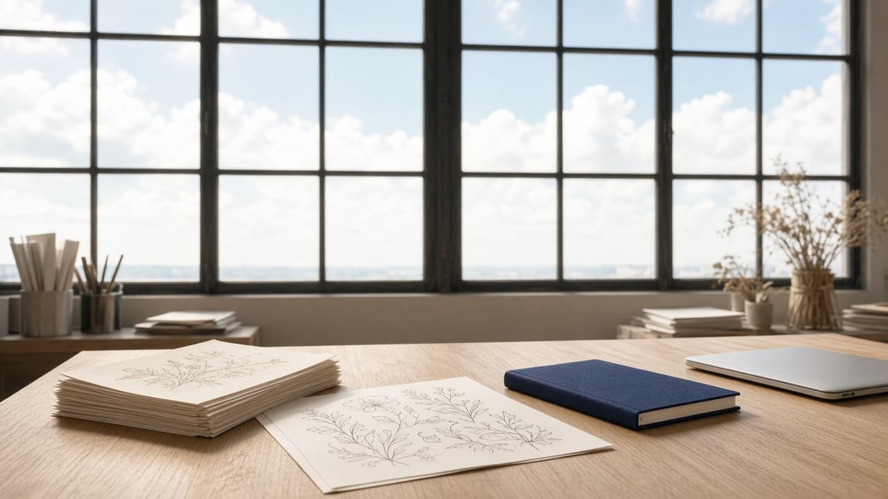 Sunlit paper studio with printed pages on a work table under a bright sky