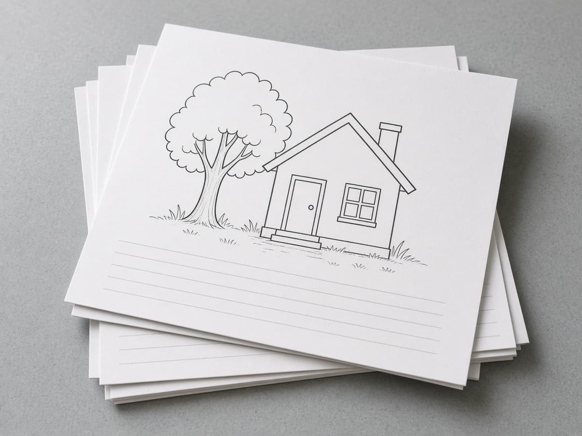 Stack of printed coloring pages with a house and tree drawing